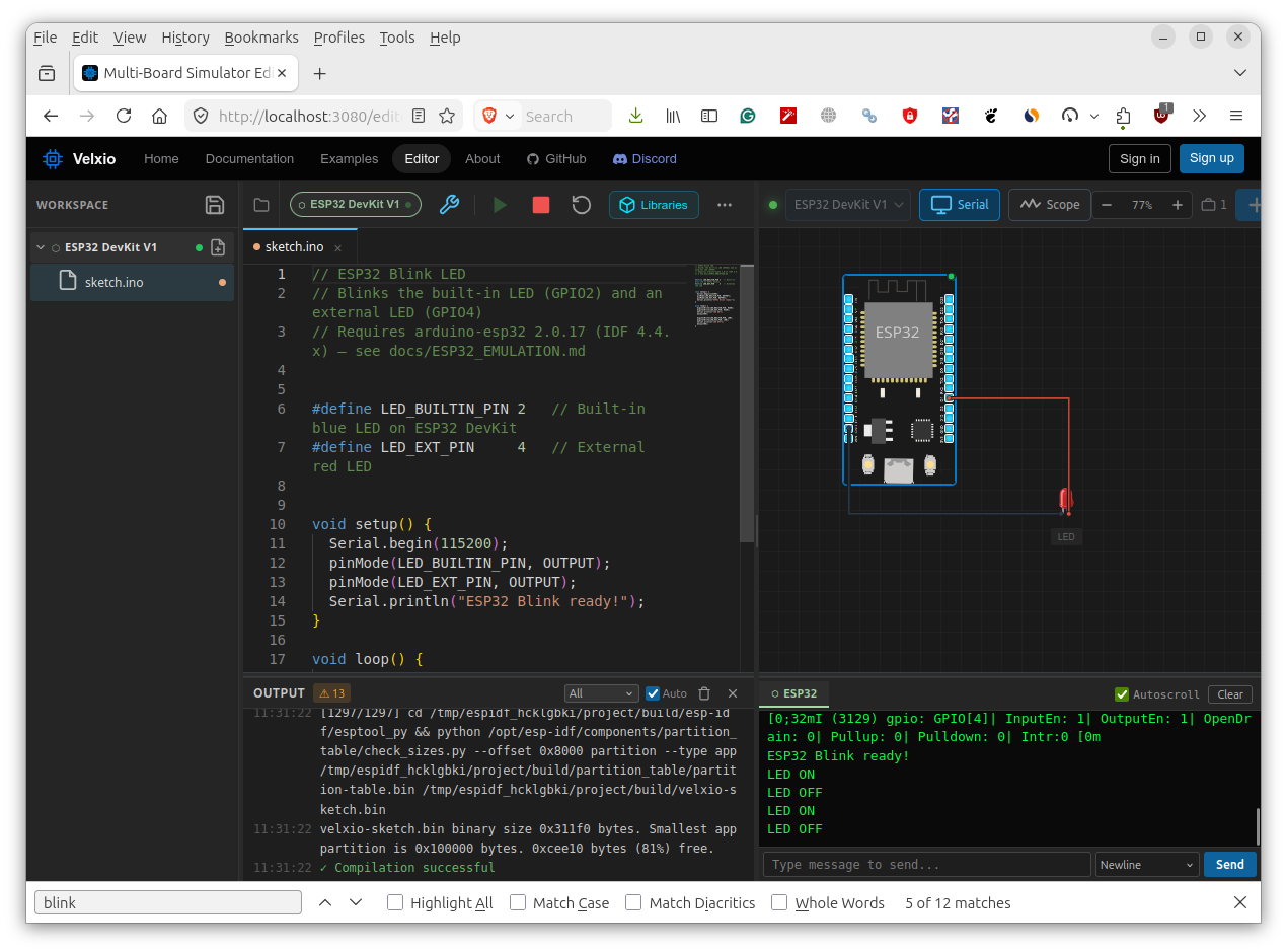 Velxio ESP32 Blink LED Example
